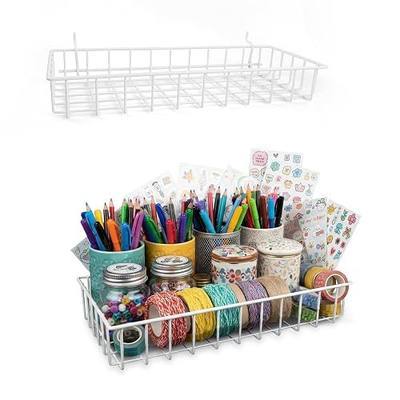 Peg Board Shallow Tray Baskets, 2Pack White Pegboard Shelves Bottle Holders | 1/4" Pegboard Organizer Accessories, Large Steel Trays Shelves, Can Organizers for Garage Workbench Shop Hobby Craft Tool