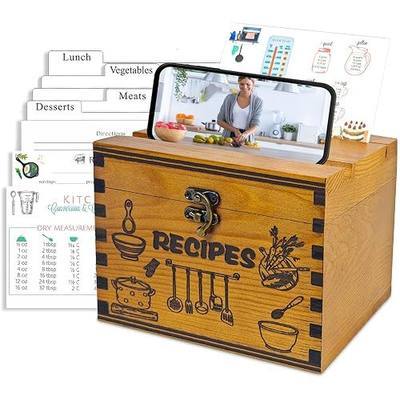 Wooden Recipe Box with Cards and Dividers, 4x6 Recipe Card Box Set, Recipe Organizer with Double Lid Slots (Phone Holder & Recipe Holder)