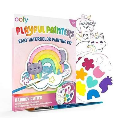 Ooly Playful Painters All-in-One Watercolor Paint Kit, 25 Pc – Cute Rainbow | Ages 4+, 12 Artworks with Guided Outlines, 12 Watercolor Palettes and Brush Included, Non-Toxic Kids Art and Craft Kit