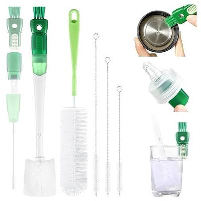 XYFuuee 5 Pack Bottle Brush Set, 5 in 1 Water Bottle Cleaning Brush, Long Handle Narrow Cup Cleaner, 3 Straw Brushes for Stanley, Travel Nipple Detail Washer Brush for Wine Lid Gap (Green)