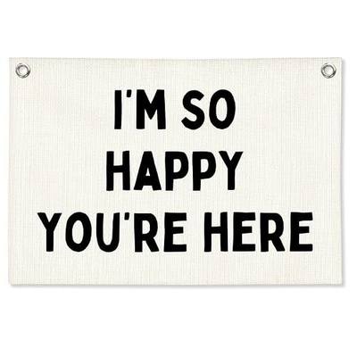 Boho Classroom Wall Decor, Welcome Sign Canvas Banner with “I'm So Happy You're Here”, Inspirational Wall Art for Kids Room, Nursery Playroom Kindergarten Counseling Office 30x20