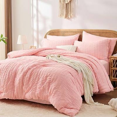 FUANNA Pink Full Size Comforter Sets 7 Pieces, Luxury Seersucker Full Size Bed Set for All Seasons, Soft Bed in a Bag Full with Comforter, Flat Sheet, Fitted Sheet, Pillowcases & Shams for Girls