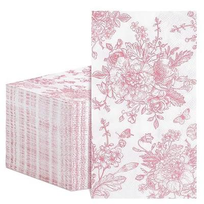 Natnarr Pink Floral Paper Napkins, 100 Pack, 2-Ply, Disposable | Pink Toile Floral Design, 7.87 x 4.33 In Folded, Soft Absorbent Paper, For Weddings, Tea Parties, Guest Bathrooms