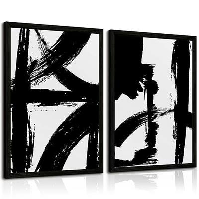Black and White Wall Art Abstract Modern Painting Minimalist Line Canvas Wall Art Decor Black And White Poster Abstract Artwork Prints for Living Room Bedroom 12x16 Inch Wood Framed Set of 2
