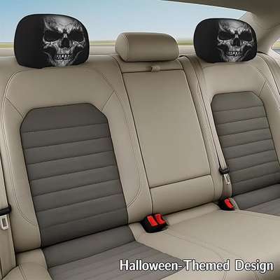 2 Pieces Funny Headrest Covers for Cars – Spooky Halloween Christmas Car Seat Accessories, Universal Fit for a Joyful Road Trip (Skull)