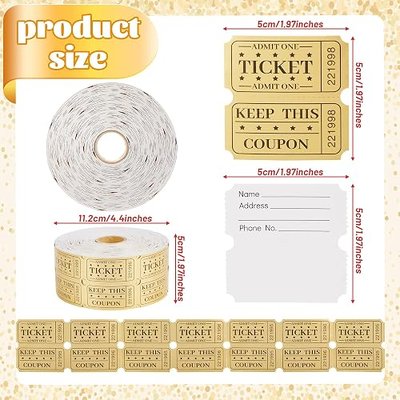 1000 Golden Raffle Tickets Double Roll Tickets for Events, Classroom Reward, Carnivals, Family Games, Door Prizes, Entry, Bingo, Auction, Metallic Gold Foil Tickets