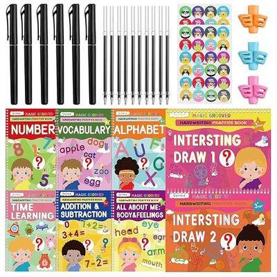 Golinkid Magic Grooved Writing Practice, grooved Handwriting Practice for Kids 8 Books, Preschool workbook for Ages 3-10 with 6 Magic pens 10 Ink Refills, 3 Pencil Grips for Kids Handwriting