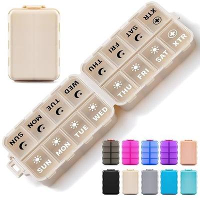Foldable Weekly Pill Organizer 2 Times a Day with 2 Extra Compartments (Clear Printed Labels) - Portable 7 Day AM PM Medicine Box, Week Daily Travel Pill Case Holder for Vitamin, Supplement - Khaki
