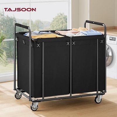 Tajsoon 450L Large Rolling Laundry Hamper with Wheels, 2-Section Commercial Laundry Sorter with Handle, Laundry Basket for Clothes Storage, Laundry Cart for Hotel, Bathroom, Bedroom, Black