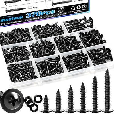 mxuteuk 370PCS #8 Black Wood Screws,Phillips Modified Truss Head Black Screws for Wood,Quick Metal Self Tapping Screws with Rubber Washers for DIY Projects Home Repairs,6 Size 1/2" to 1-2"