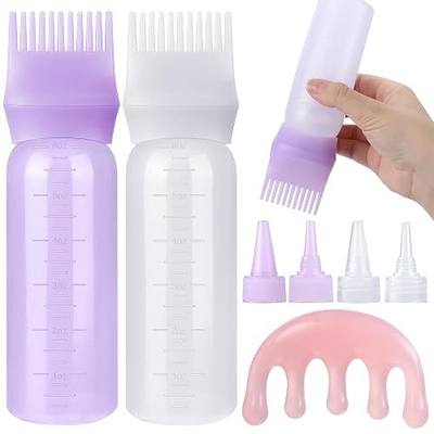 Pimoys Root Comb Hair Dye Oil Applicator Bottles For Scalp, Purple White | 2 Pcs 6 Oz Plastic Squeeze Bottles Brush Graduated with 4 Pointed Cover and Massage Comb, Reusable For Coloring Oiling Salon