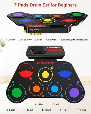 AiJoy Portable Electronic Drum Set Pads for Kids | Roll Up with 7 Pads, Built-in Speaker, Rechargeable Roll-Up, Headphone Mode & Demo Songs, Gift For Beginners & Children