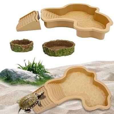 3PCS Tortoise Habitat Accessories, Creature Bathing Pool with Ramp & Basking Area, 2PCS Simulation Tree Stump Feeding Dish for Turtle Gecko Frog Semi-Aquatic Species (Yellow)