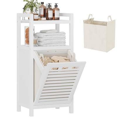 Homykic Tilt Out Laundry Hamper, 10 Gal Bamboo Laundry Storage Cabinet with Removable Basket, Hidden Hamper Organizer with Shelf for Dirty Clothes, Bathroom, Laundry Room, Space Saving, White
