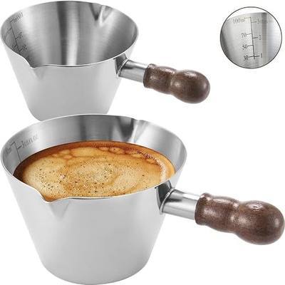 Baalaka 3.4oz Espresso Cups Set 2, Stainless Steel with Wooden Handles | Dual V-shaped spouts support controlled pouring; interior oz/ml markings make each cup an espresso measuring cup for prep