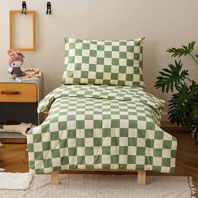 CLOTHKNOW Plaid Toddler Bedding Sets for Boys Girls 4Pieces Green White Grid Checkerboard Pattern, Soft Crib Bed Set