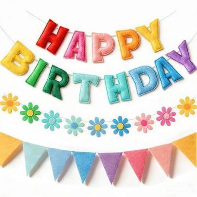 YEOCU Happy Birthday Decorations, No DIY, Pre-Strung 3D Banner | Rainbow, 3D felt banner, flower garland & flags. No DIY, reusable for kids & women.
