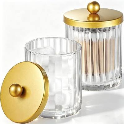 Amolliar Qtip Holder Dispenser for Bathroom, Clear Glass Canister Apothecary Jar for Cotton Swabs, Cotton Balls, Makeup Pads, Floss Picks, Container for Countertop Vanity Storage Organizer,Gold 2 Pack