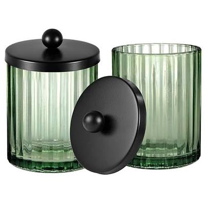 Amolliar Sage Green Glass Apothecary Jar, Qtip Holder Dispenser for Cotton Swabs, Balls, Makeup Pads, Floss Picks, Bathroom Essential Accessories, Countertop Canister Storage Organizer (Black, 2 Pack)