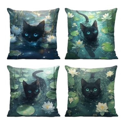 ZMRLMH Black Cat Throw Pillow Covers 18x18 Set of 4 Swimming Lotus Pond Fantasy Watercolor Decorative Throw Pillow Covers for Sofa Couch Bed Home Decor