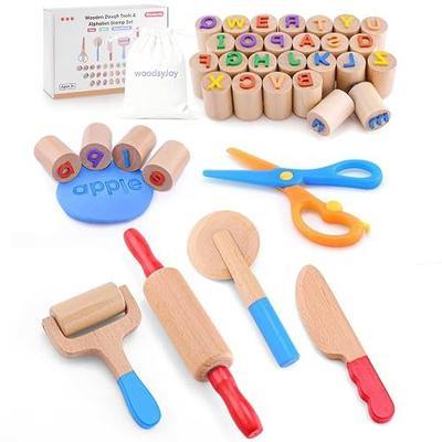 Wooden Dough Tool Set for Kids Ages 3-6, Rolling Pin & Letter Stamps | Double-Sided Stamps • Uppercase & Lowercase Letters • Clay Cutters • Creative Learning