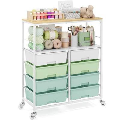 Rolling Cart with 8 drawers,Storage Drawer Cart with Wooden Tabletop,Lockable Wheels Organizer for Homeschool, Arts & Crafts, Classroom, Office & Creative Spaces (Green)