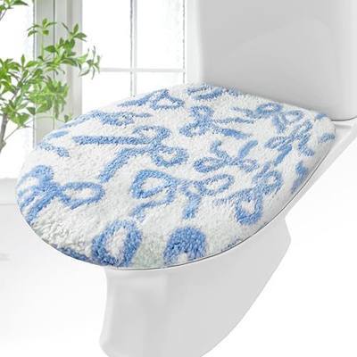 SmoothNovelty Toilet Lid Cover Washable Coquette Cute Plush Toilet Cover for Bathroom Decor Soft Microfiber 17.5 x 15 Inch Non Slip Rubber Backing Fits Most Round, Elongated(Blue,Bow)