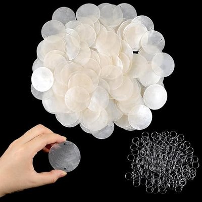 200pcs Capiz Shells and 200 Pcs Shell Garland Strings Bulk with 2 Holes,2" Round White Natural Sea Shells with 2 Holes,Shell Decor for Seashell Wind Chime,Curtains,DIY Crafts,Weddings,Home Decor