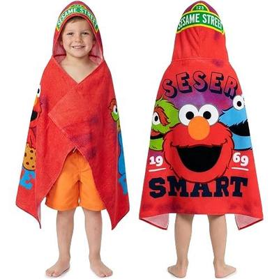 Get Trend Sesame Street Bath Towels with Hood for Boys, 49”x30”, One Size Soft and Absorbent Cotton Hooded Beach Towel Wrap, Poncho for Swimming Pool Travel for Boys (Red Sesame Street)