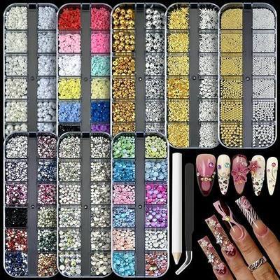 3D Nail Charms and Gems 8 Boxes Charms for Nails Design Kit Colorful Bubble Beads Flowers Pearls and Flatback Rhinestones for Crafting