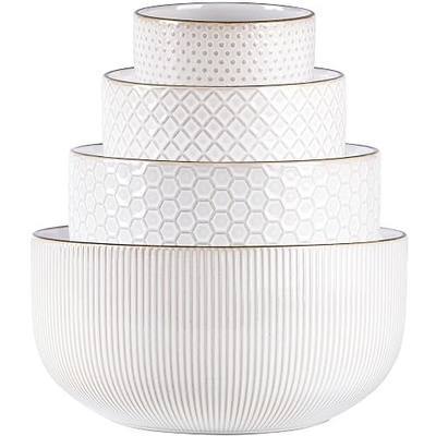 GBhome Ceramic Mixing Bowls Set, 20/45/105/150 oz, Stoneware Nesting Set of 4 embossed Kitchen Serving Bowls, Prep, Baking, Serving, Gift, Microwave and Dishwasher Safe, Dishware Collection-Off White