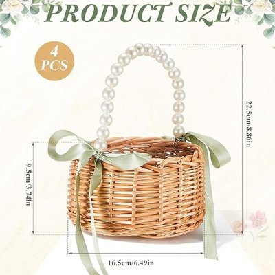 Thyle 4 Pcs Flower Girl Baskets with Handle, 7.87 x 4.33 Inch, Wicker Rattan Lightweight Brown Rustic Flower Girl Baskets for Wedding Ceremony, Bridal Shower and Home Decoration(Green Ribbon,Pearls)