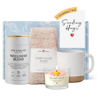 Modern Elegance Tea Gift Set for Women – Relaxation & Self-Care Care Package with Ceramic Mug, Cozy Cloud Socks, Hand-Poured Candle & Sending Hugs Card (Wellness Blend)