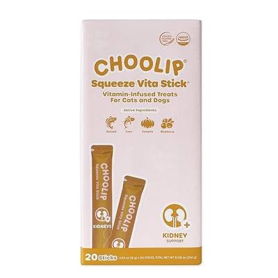 Choolip Squeeze Vita Stick Lickable Cat and Dog Treats – 20-Count Kidney Support Sticks – Creamy Puree with Multivitamins, Cranberry, and CoQ10 for Renal & Urinary Health – Grain-Free & Vet-Formulated