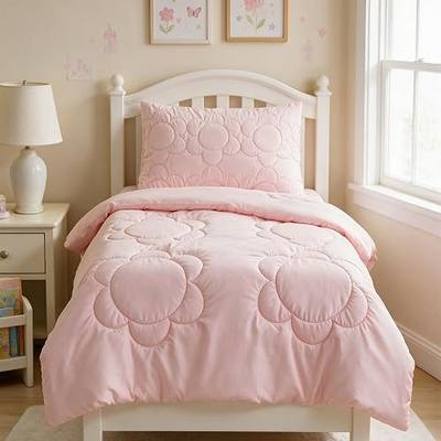 CLOTHKNOW 4Pieces Pink Toddler Bedding Sets for Girls | Soft, All Season, Kids Comforter, Blush Comforter Sets, Blush Daisy Puff Bedding, Crib Bed Sets