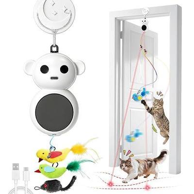 Interactive Cat Toys for Indoor Cats, 2-in-1 Laser Pointer Cat Toy with Automatic Flying Bird & Mouse Wand, Adjustable Speed USB Rechargeable Doorway Hanging Toy for Bored Kittens and Adult Cats