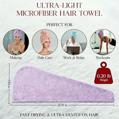 3 Pack Microfiber Hair Towel Wrap for Women with Button, 26 x 10 Inch | Hair Drying Towel, Quick Dry Coral Fleece Hair Turban Head Towels for Wet Curly Long Thick Hair, Pink Purple and Green
