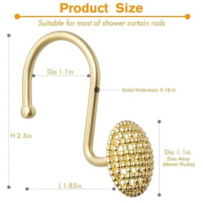 Pearlbee Gold Shower Curtain Hooks, Rustproof Shower Curtain Rings for Bathroom, Metal Shower Hooks for Shower Curtain Rod, Modern Decorative Shower Curtain Hangers Set of 12, Round Heavy Duty Design