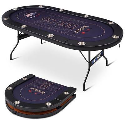 84" Poker Table Foldable, 10 Player Folding Texas Holdem Casino Table with Padded Rails & Cup Holders, Portable Poker Game Table for Home or Game Room