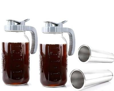64 OZ Cold Brew Coffee Maker 2 Quart Mason Jar Glass Iced Tea Pitcher With Stainless Steel Filter Half Gallon Pitcher With Spout Lid For Iced Coffee,Tea & Lemonade,Sun Tea Airtight & Leak-Proof 2 PACK