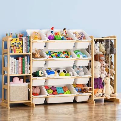Toy Storage Organizer with Bookshelf and Stuffed Animal Storage - Kids Playroom Organization with Shelves and 12 Toy Bins - Toddler Living Room Toy Box for Lego - Nursery Bedroom Decor Essential