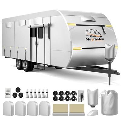 600D Oxford Fabric RV Cover 24-27ft Travel Trailer Cover, 6 Layers Waterproof Rip-Resistant Anti-UV Motorhome Camper Cover with Tongue Jack Protection, Tire Covers, Windproof Straps