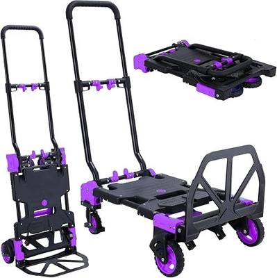 2-in-1 Folding Hand Truck Dolly 330LB Load Carrying, Hand Truck Foldable Dolly with Retractable Handle and 4 Rubber Wheels, Portable Folding Hand Cart for Moving/Travel/Office (Purple).