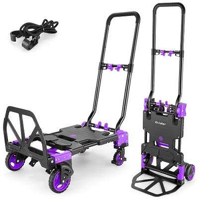 2-in-1 Foldable Hand Truck Dolly,330lb Cart Retractable,4 & 2 Wheel,Purple | Aluminum alloy,5in flat-free rubber wheels, folds flat to 25x18x4.6in, 18lb,tool-free wheel switch, ideal for office / home