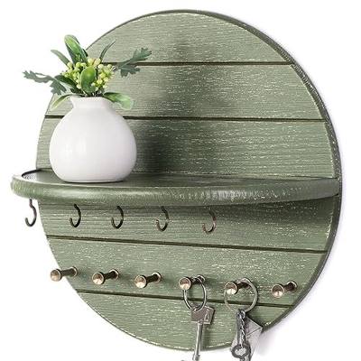 Rebee Vision Pine Wood Key Holder Wall Mount for Farmhouse & Boho Decor – Key and Mail Organizer with Shelf and 11 Hooks – Decorative Wall Organizer for Room, Kitchen & Living Room Decor (Green)