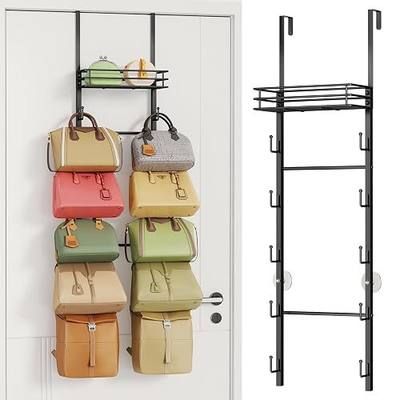 HapiRm Over The Door Purse Organizer - Wall Mounted Purse Rack with 10 Hooks and Metal Basket, Hanging Handbag Organizer Holds up to 10 Bags, Bag Rack Can Use As 1/2 Part, for Door, Closet (Black)