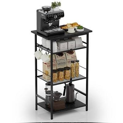 Aduanbang 3-Tier Coffee Bar Stand with Storage, Farmhouse Kitchen Cabinet, Brown (Black)