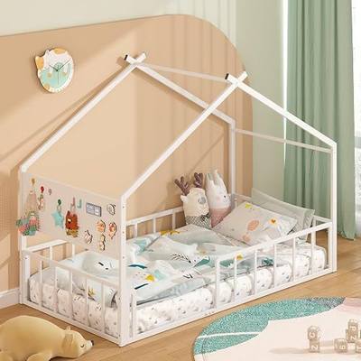 Timy House Shape Twin Size Montessori House Bed Metal Floor Bed with Pegboard and High Rails 1 Safe Opening Gate