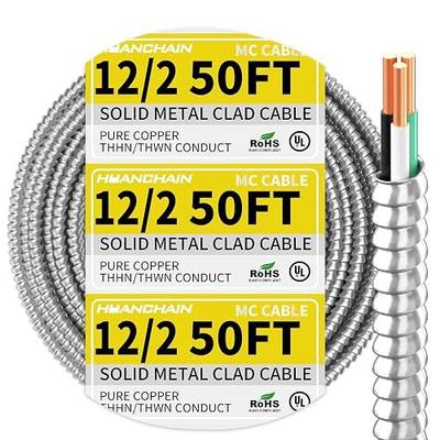 HUANCHAIN 12/2 MC Cable 50FT Solid Copper Wire with Aluminum Armor | Metal Clad Cable 2 Copper Conductors with Ground 600V Rated, for Indoor, Outdoor, Commercial, Industrial Use, UL Listed