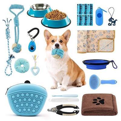 Puppy Supplies Starter Kit, Blue Puppy Essentials for Small Dogs | Bowls, toys, toothbrush, treat pouch and more in one pink puppy kit; ideal welcome home gift for small dogs and new puppies